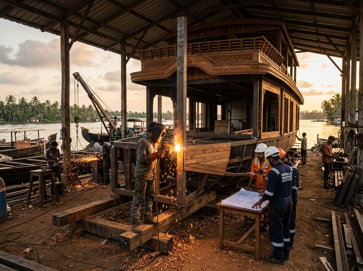 ABC Marine boatyard team building a houseboat