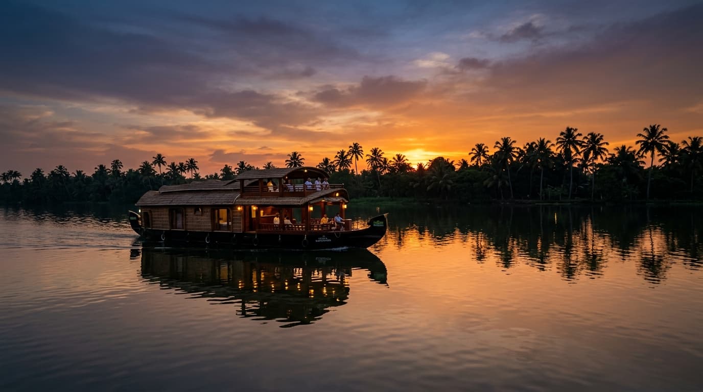 Luxury houseboat on Kerala backwaters at sunset